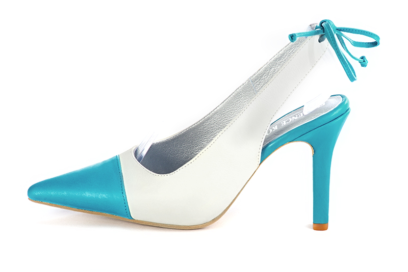 French elegance and refinement for these turquoise blue and off white dress slingback shoes, 
                available in many subtle leather and colour combinations. This beautiful enveloping pump will fit your foot without binding it
Its rear lacing will allow you to adjust it to your liking.
To be declined according to your choice of materials and colors.  
                Matching clutches for parties, ceremonies and weddings.   
                You can customize these shoes to perfectly match your tastes or needs, and have a unique model.  
                Choice of leathers, colours, knots and heels. 
                Wide range of materials and shades carefully chosen.  
                Rich collection of flat, low, mid and high heels.  
                Small and large shoe sizes - Florence KOOIJMAN